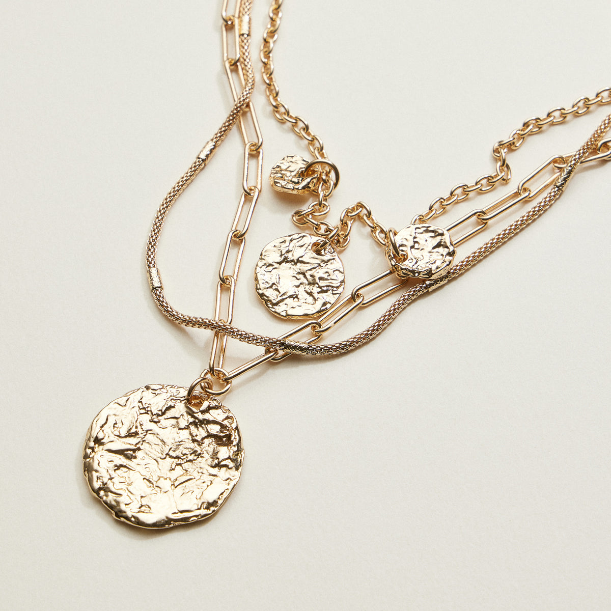 Hammered Disc Layered Necklace | Triple Chain Necklace