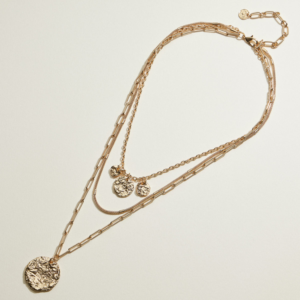 Hammered Disc Layered Necklace | Triple Chain Necklace
