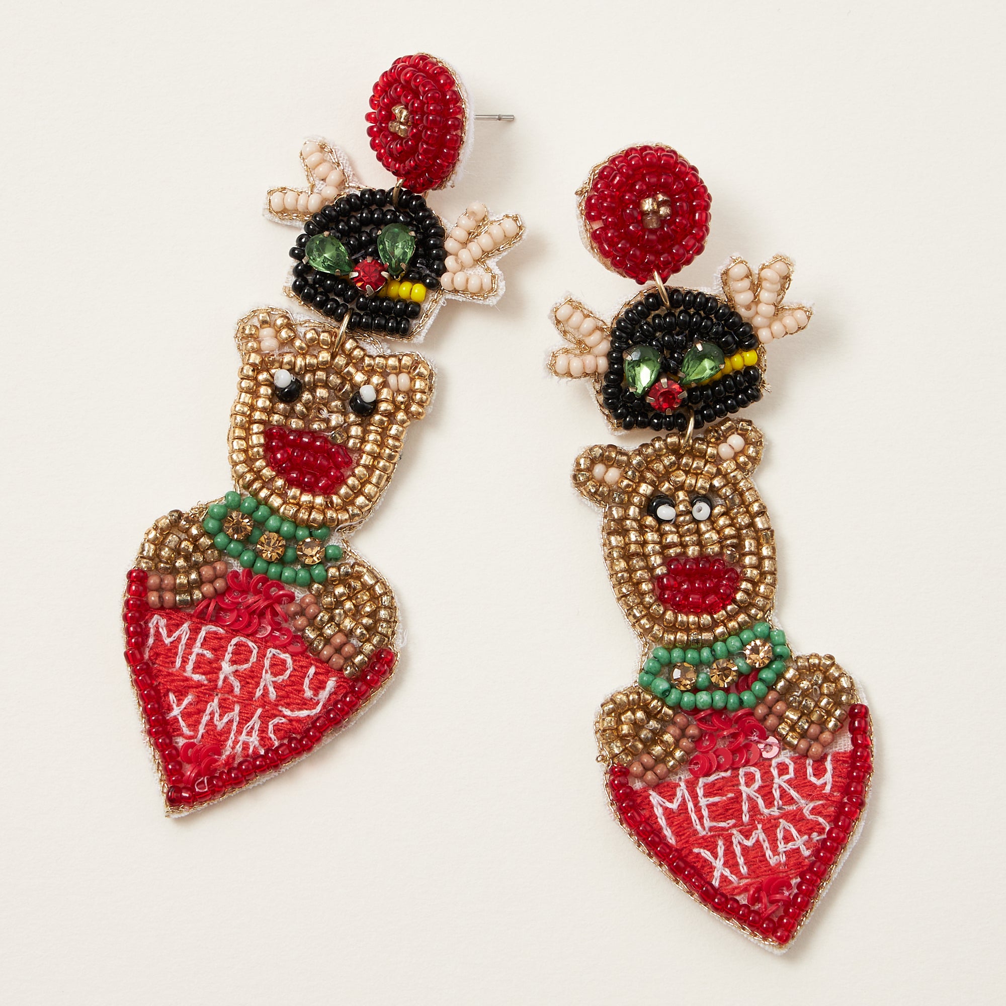 Merry X-Mas Rudolf Reindeer Seed Bead Earrings