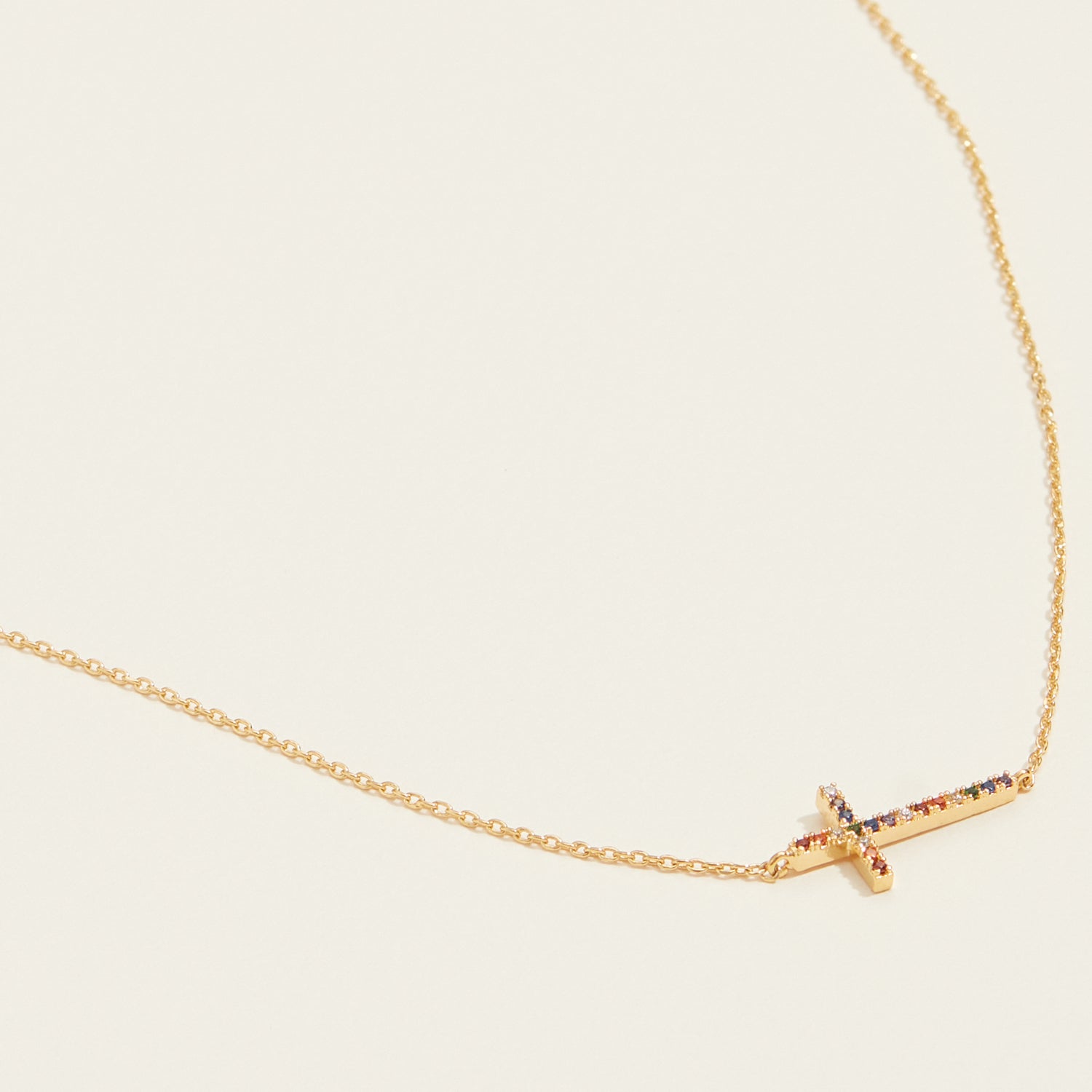 18K Gold Dipped CZ Sideways Cross Necklace