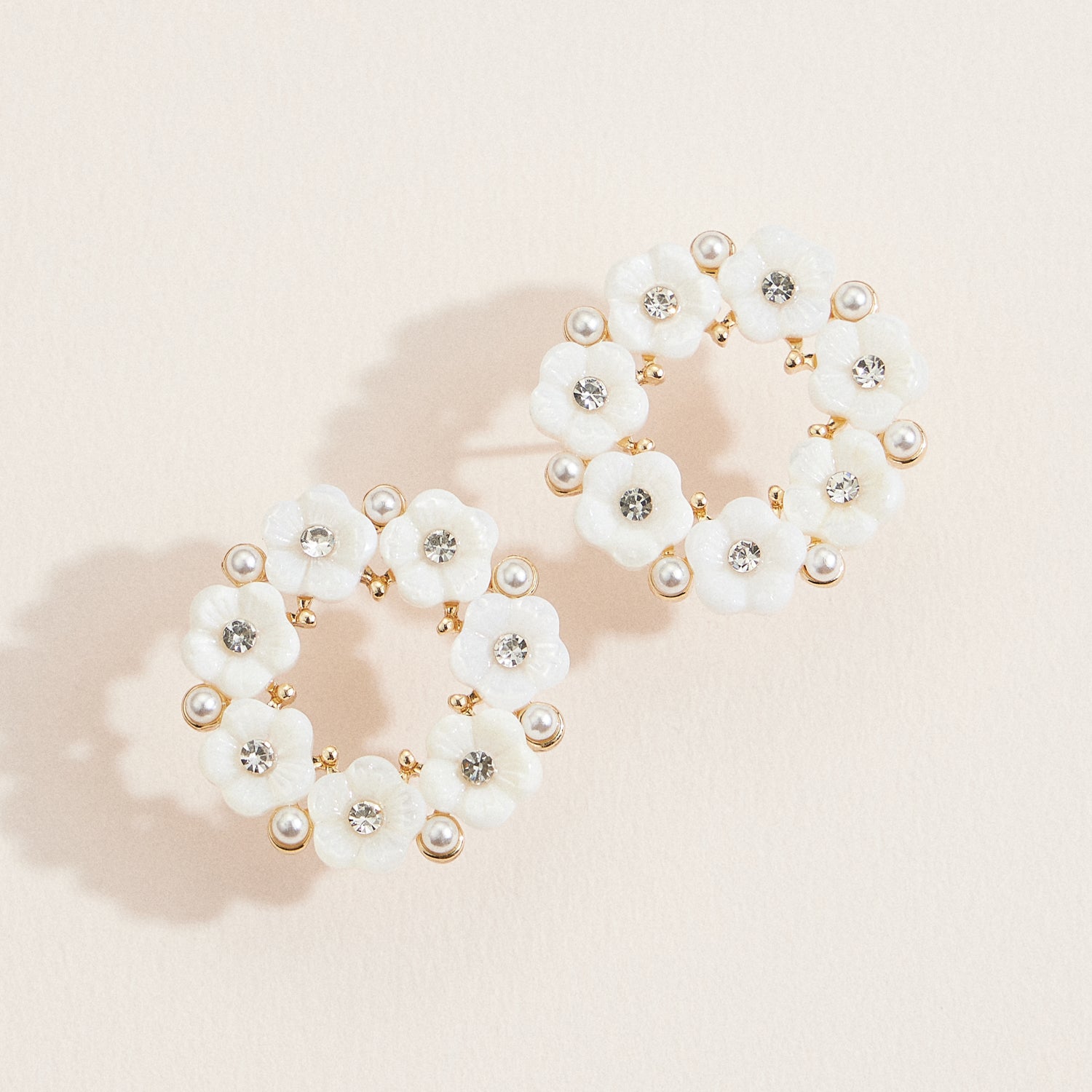 Floral Wreath Stud Earrings with Pearl, Crystal & Mother of Pearl