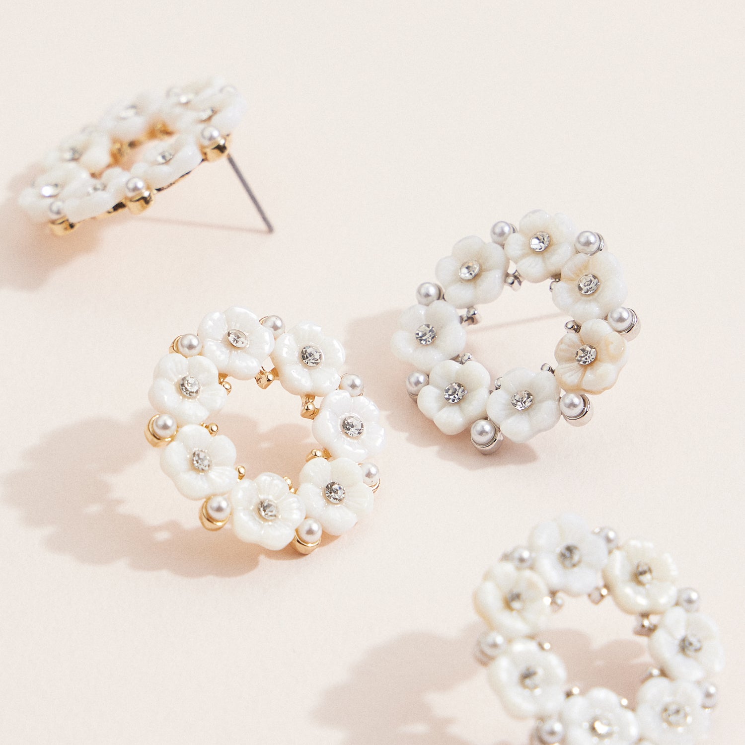 Floral Wreath Stud Earrings with Pearl, Crystal & Mother of Pearl