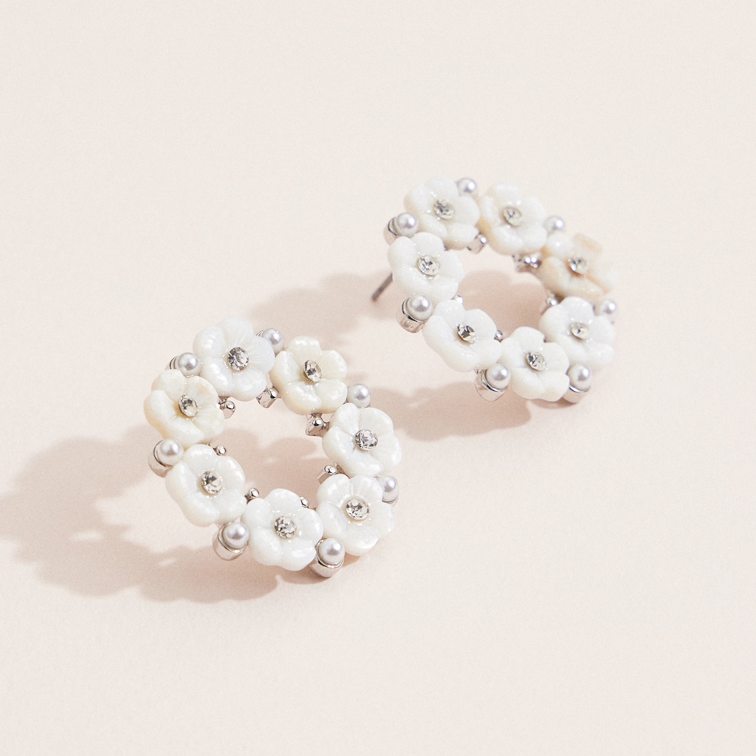 Floral Wreath Stud Earrings with Pearl, Crystal & Mother of Pearl