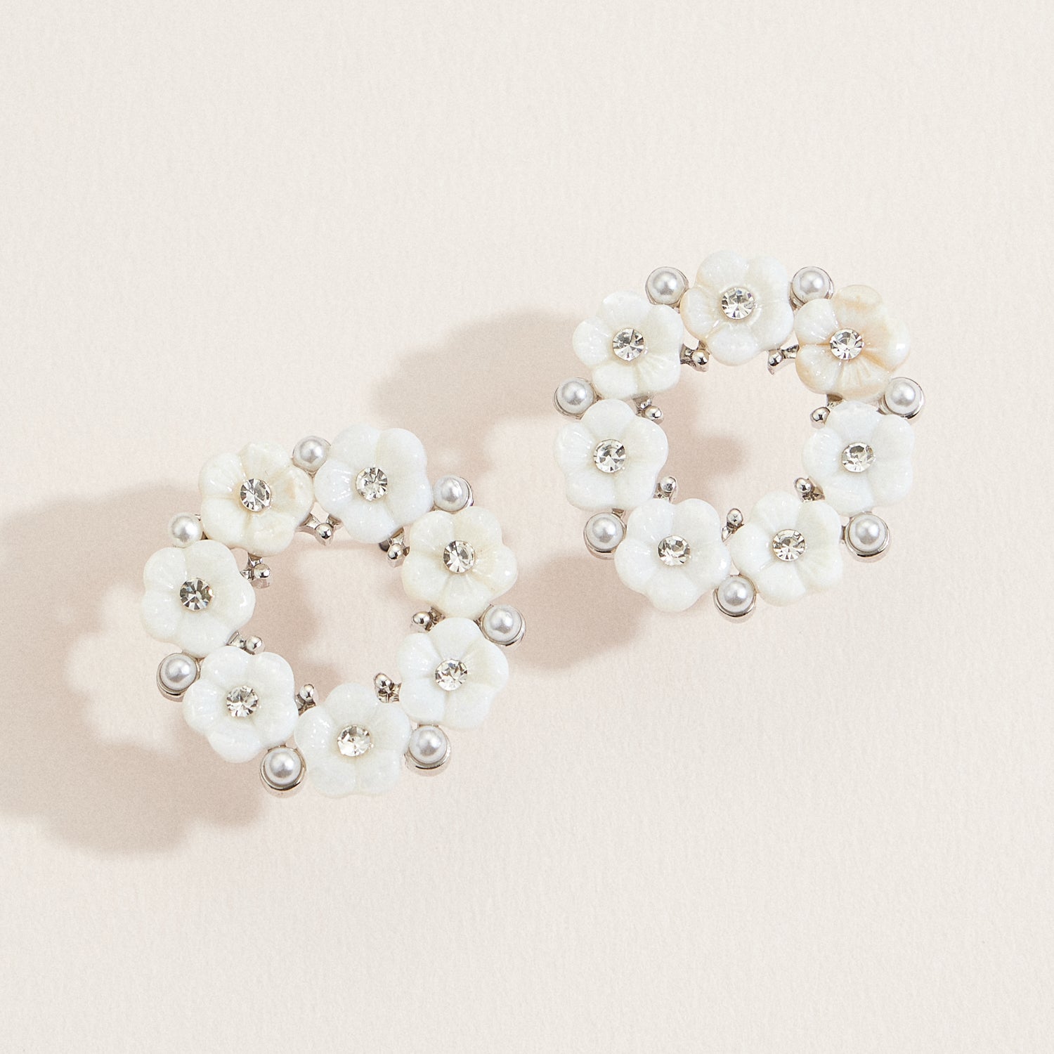 Floral Wreath Stud Earrings with Pearl, Crystal & Mother of Pearl