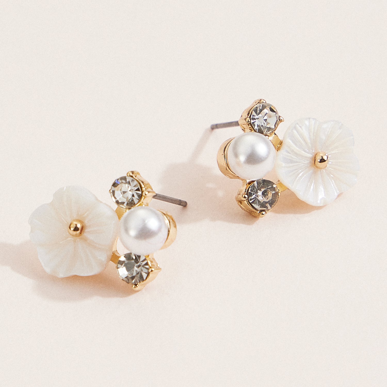 Gold Floral Stud Earrings with Pearl and Crystal Accents