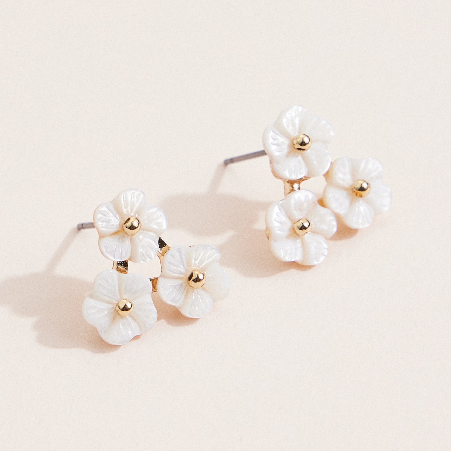 Triple Mother of Pearl Floral Stud Earrings with Gold Detailing