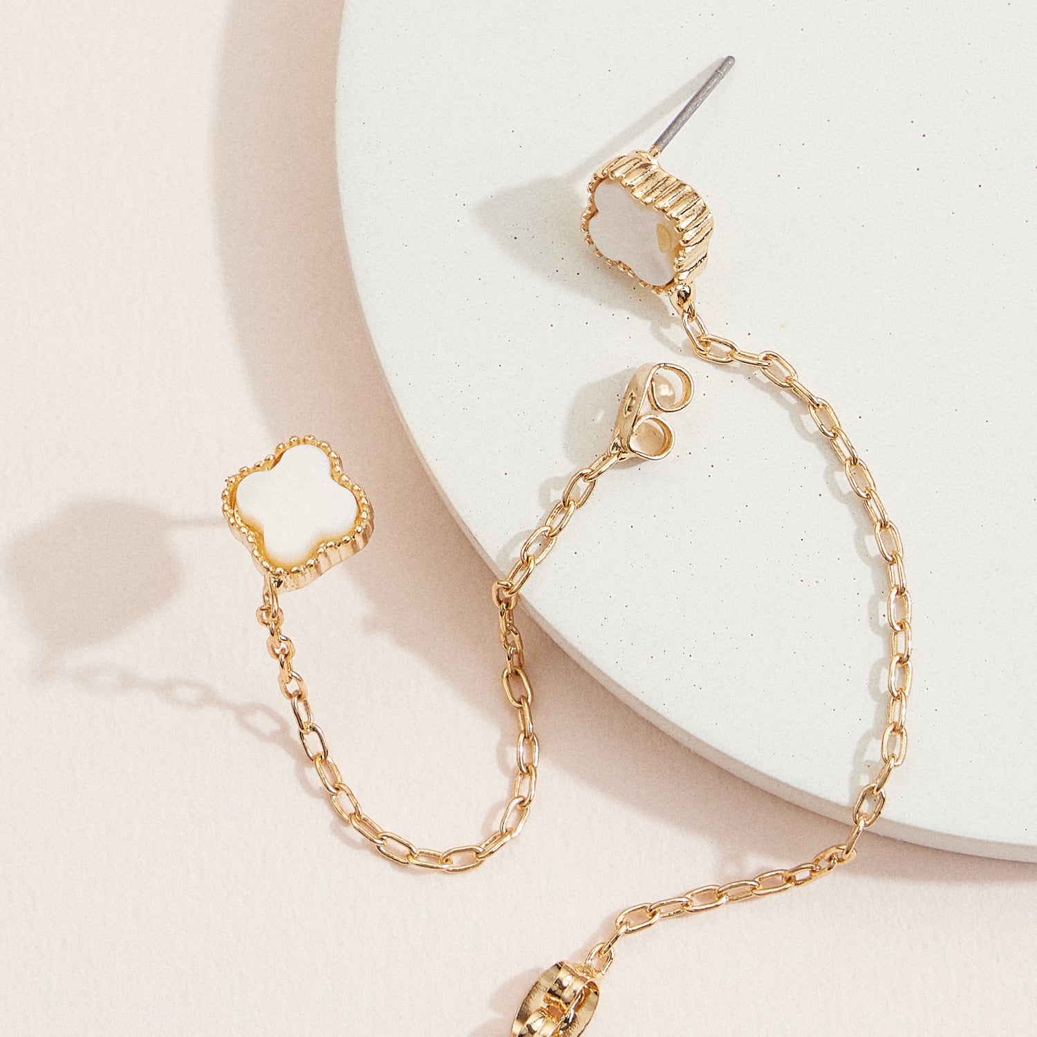 Gold Clover Chain Earrings with Mother of Pearl Inlay