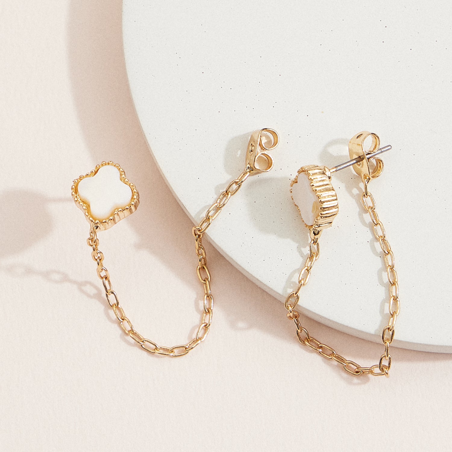 Gold Clover Chain Earrings with Mother of Pearl Inlay