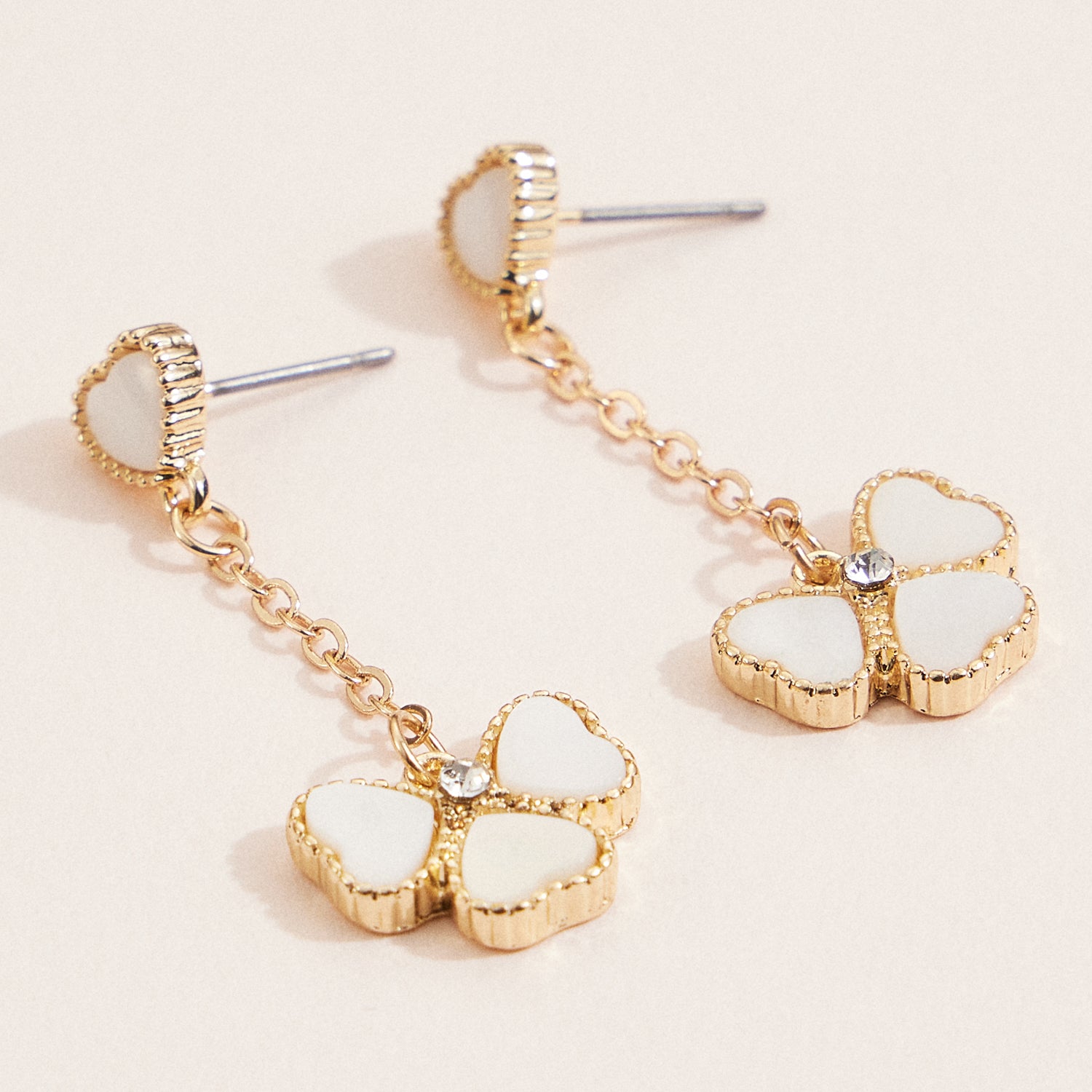 Refined Gold Clover Drop Earrings with Mother of Pearl & Crystal Accents | Gold Jewelry