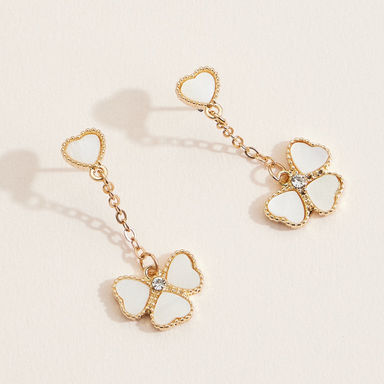 Gold Clover Dangle Earrings with Mother of Pearl & Crystal – Lucky Charm Drop Earrings
