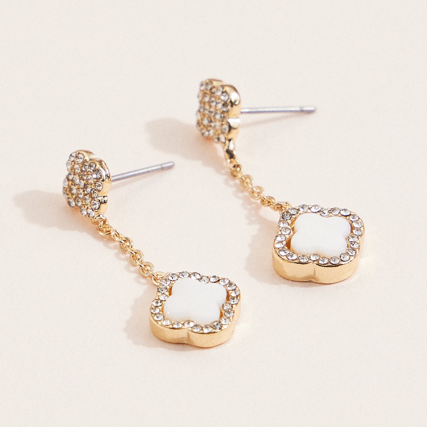 Gold Clover Drop Earrings – Crystal and Mother of Pearl Dangle Design