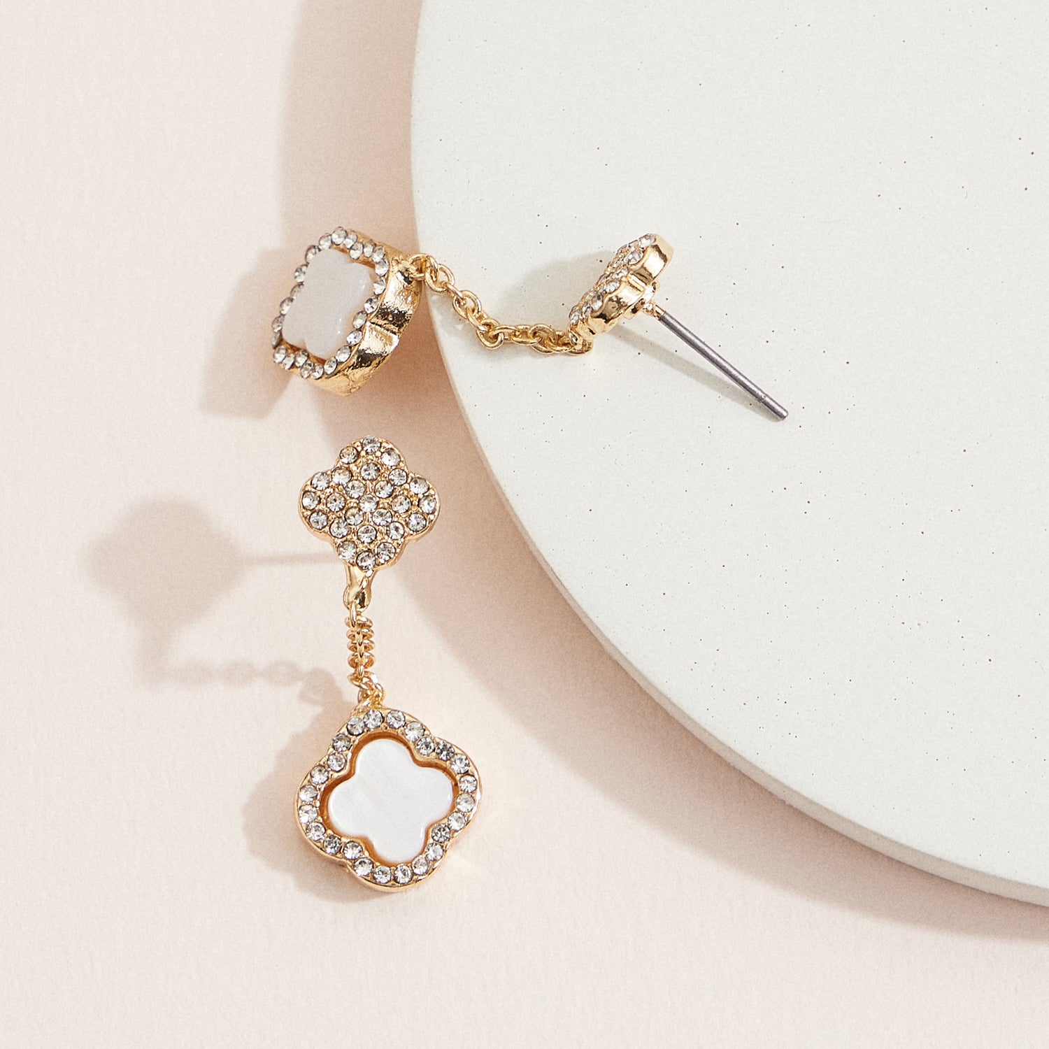 Gold Clover Drop Earrings | Crystal and Mother of Pearl Dangle Design