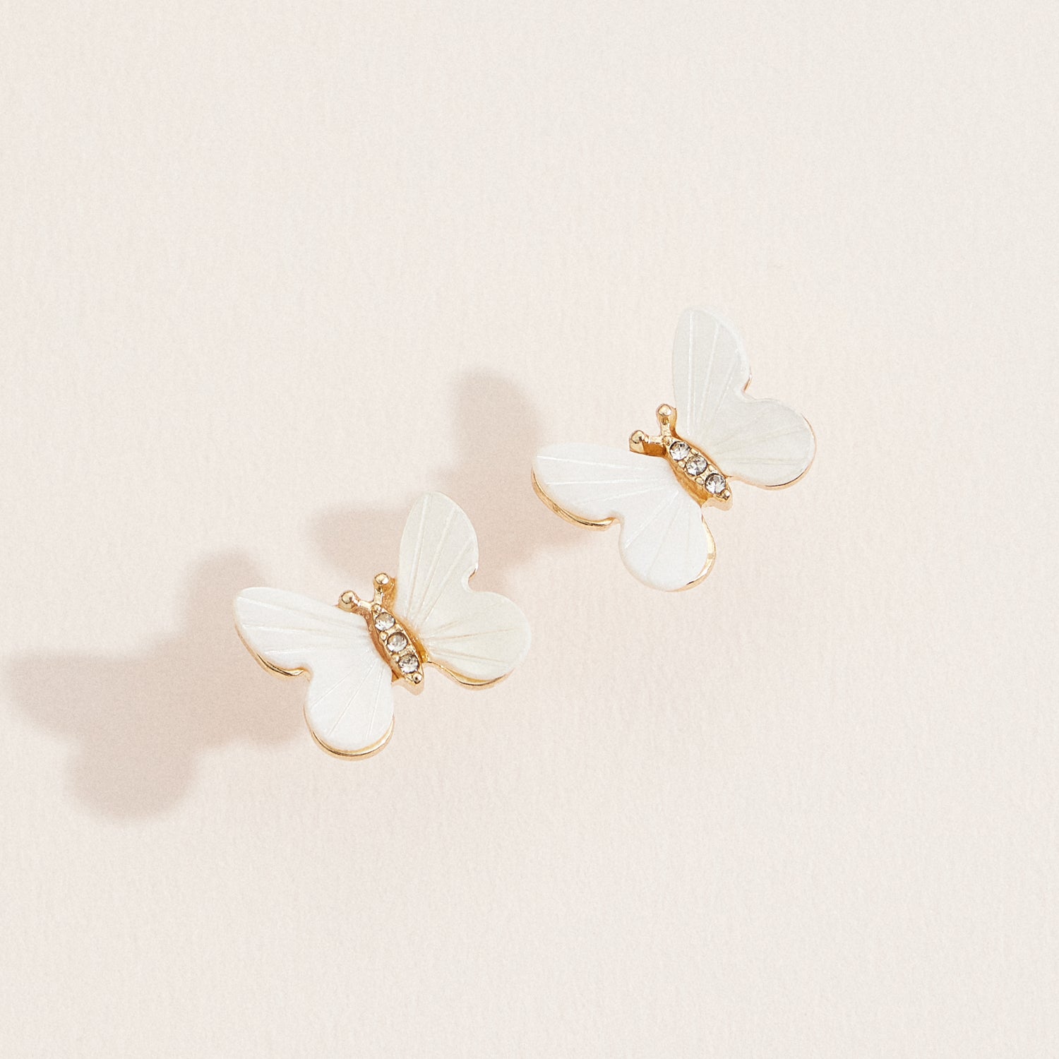 Gold Butterfly Stud Earrings – Mother of Pearl with Crystal Detailing