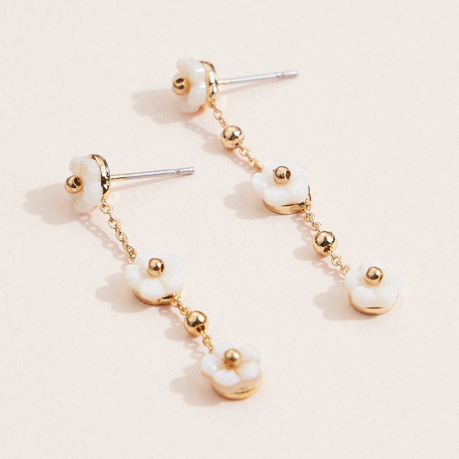 Mother of Pearl Flower Earrings – Delicate Chain Drop Design