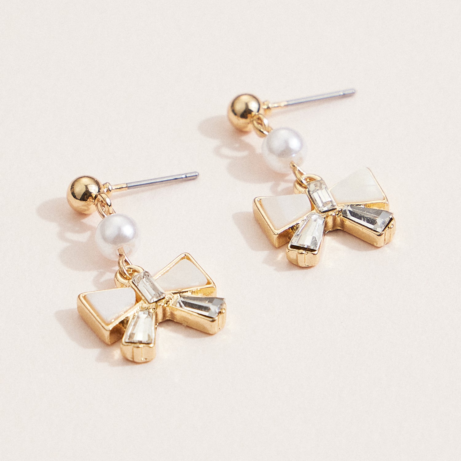 Gold Bow Pearl Drop Earrings – Mother of Pearl and Crystal Dangle Jewelry