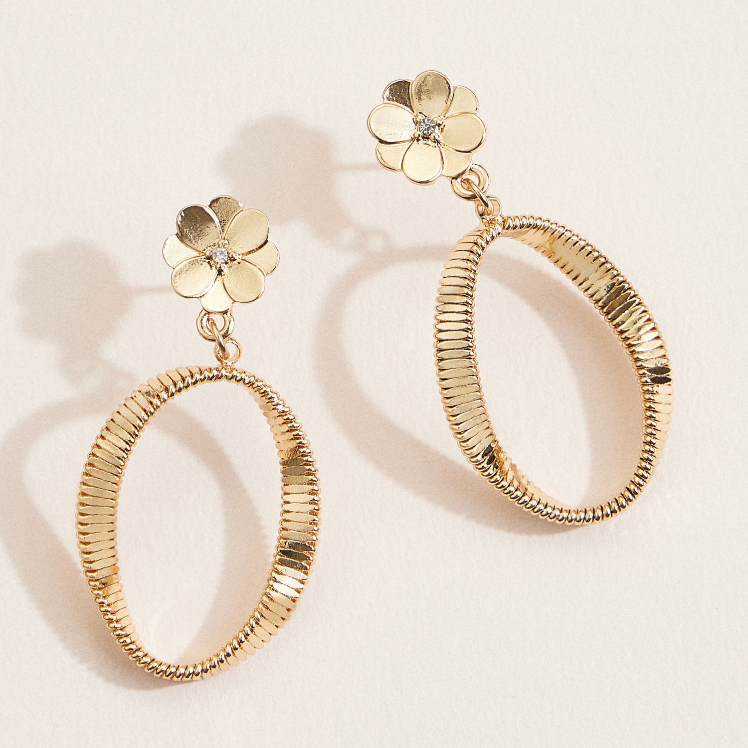 Floral Stud Oval Drop Earrings – Textured Gold & Silver Hoops