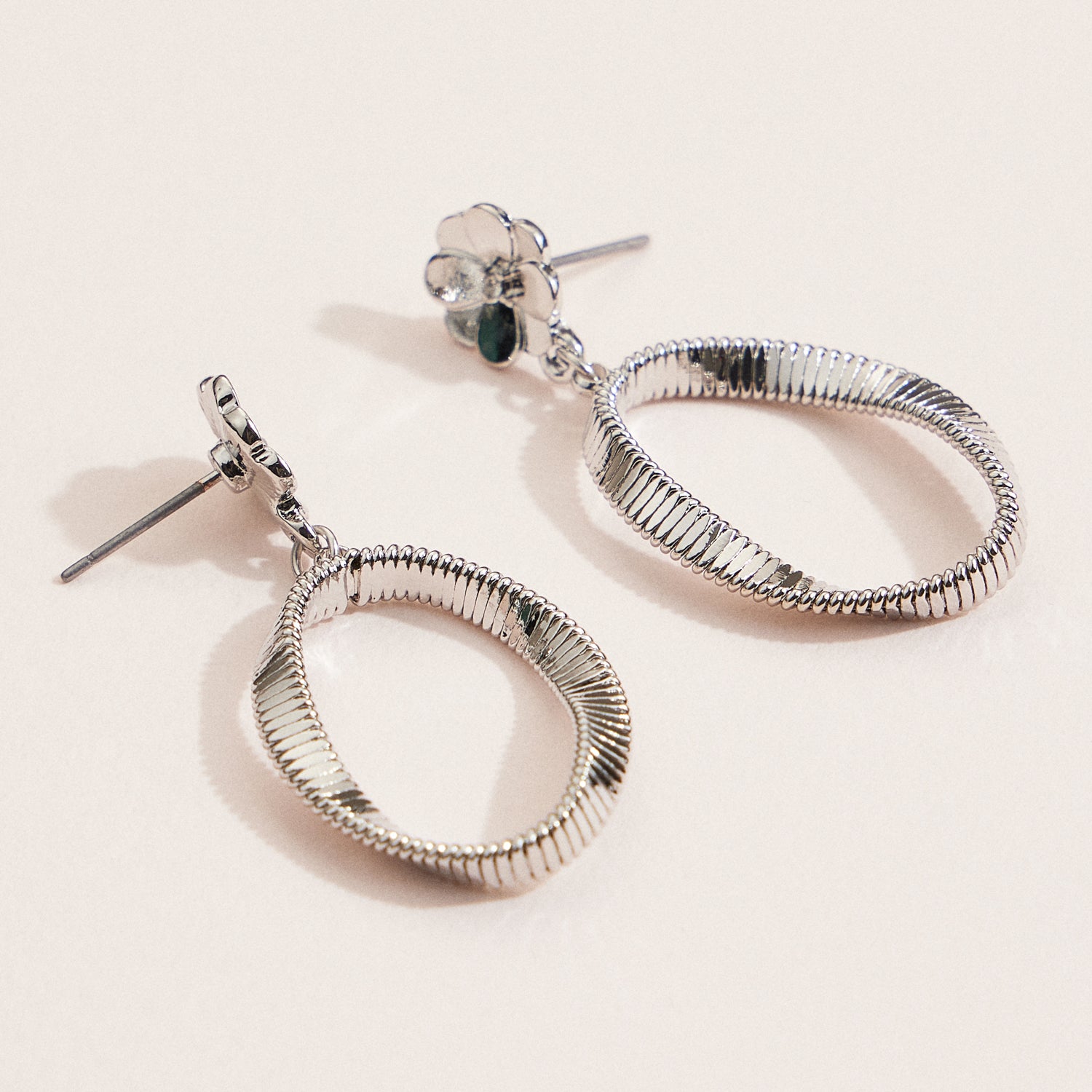 Floral Stud Oval Drop Earrings – Textured Gold & Silver Hoops