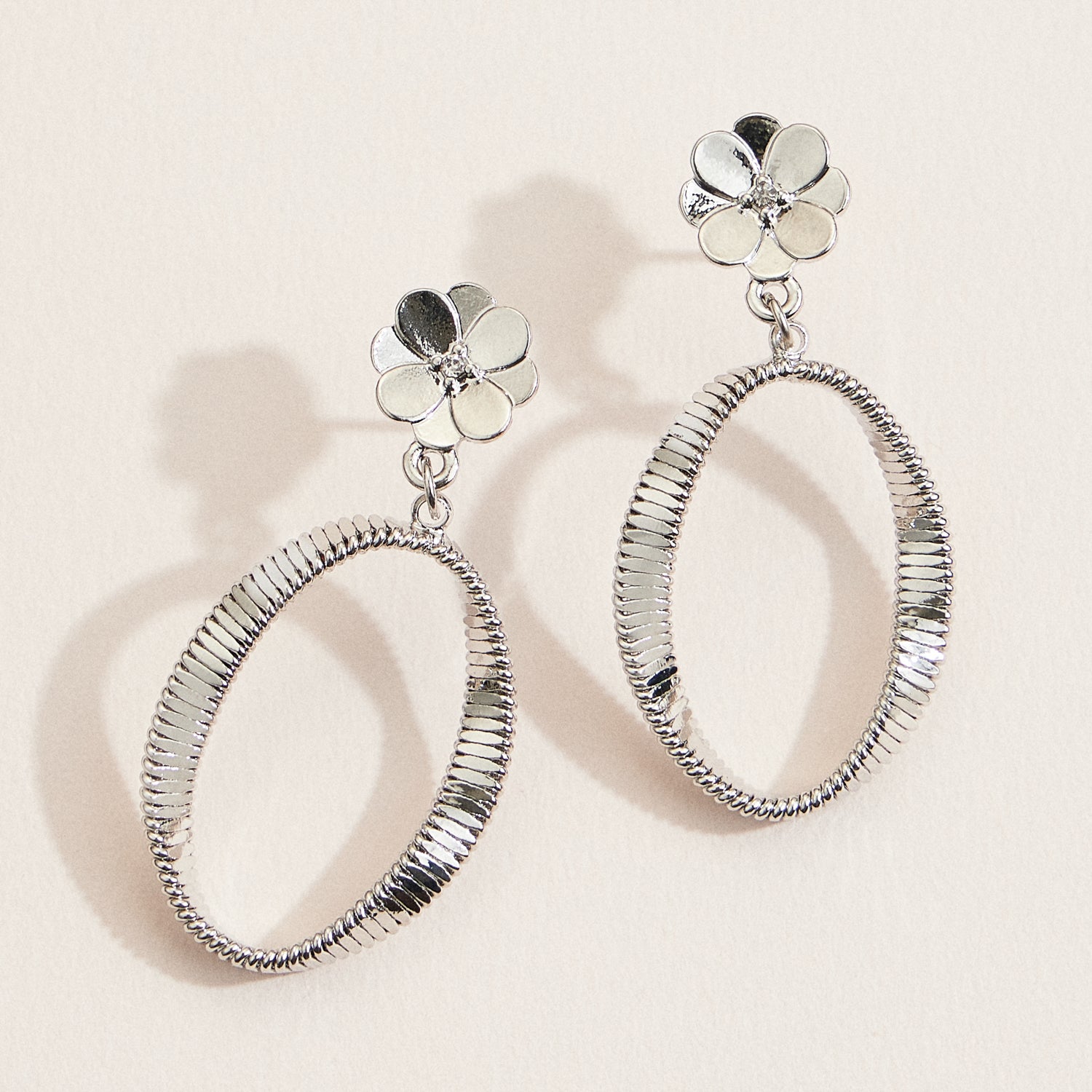 Floral Stud Oval Drop Earrings – Textured Gold & Silver Hoops