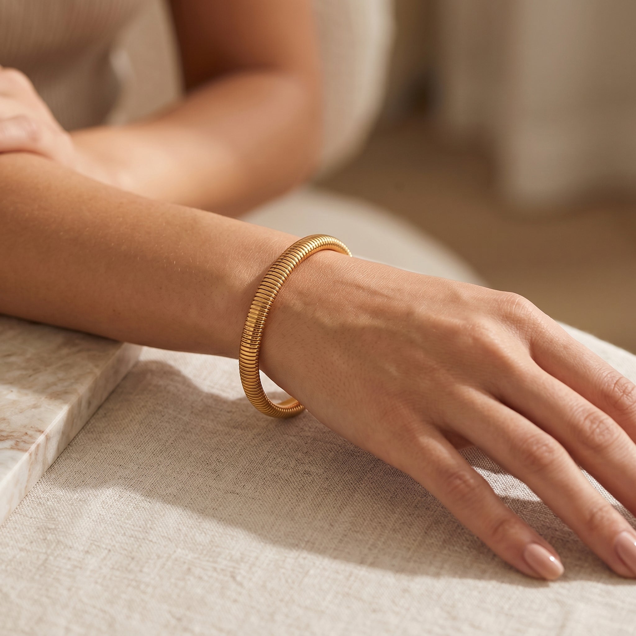 Gold Ribbed Stretch Bangle Bracelet | Modern Style