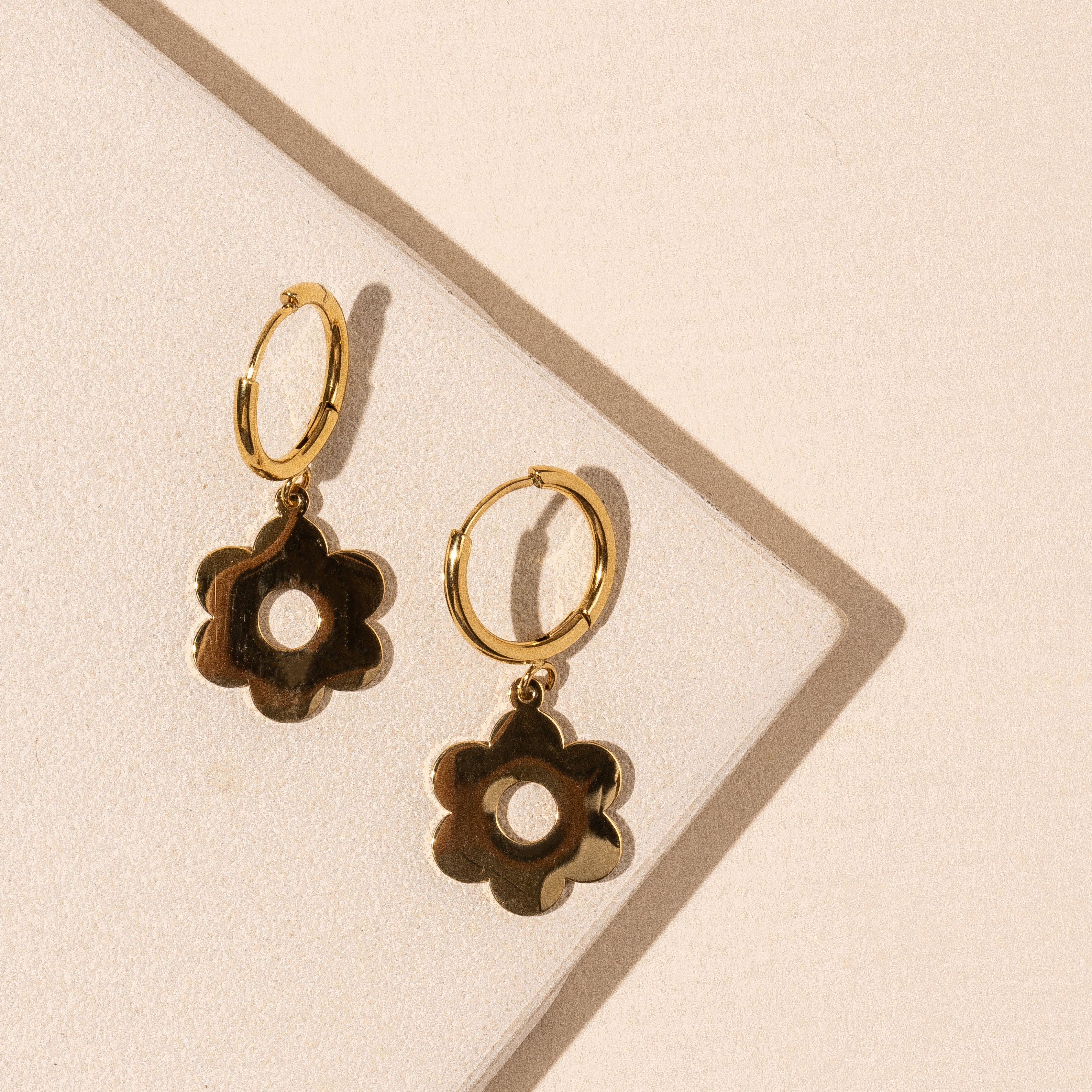Stainless Steel Gold Flower Cutout Hoop Earrings