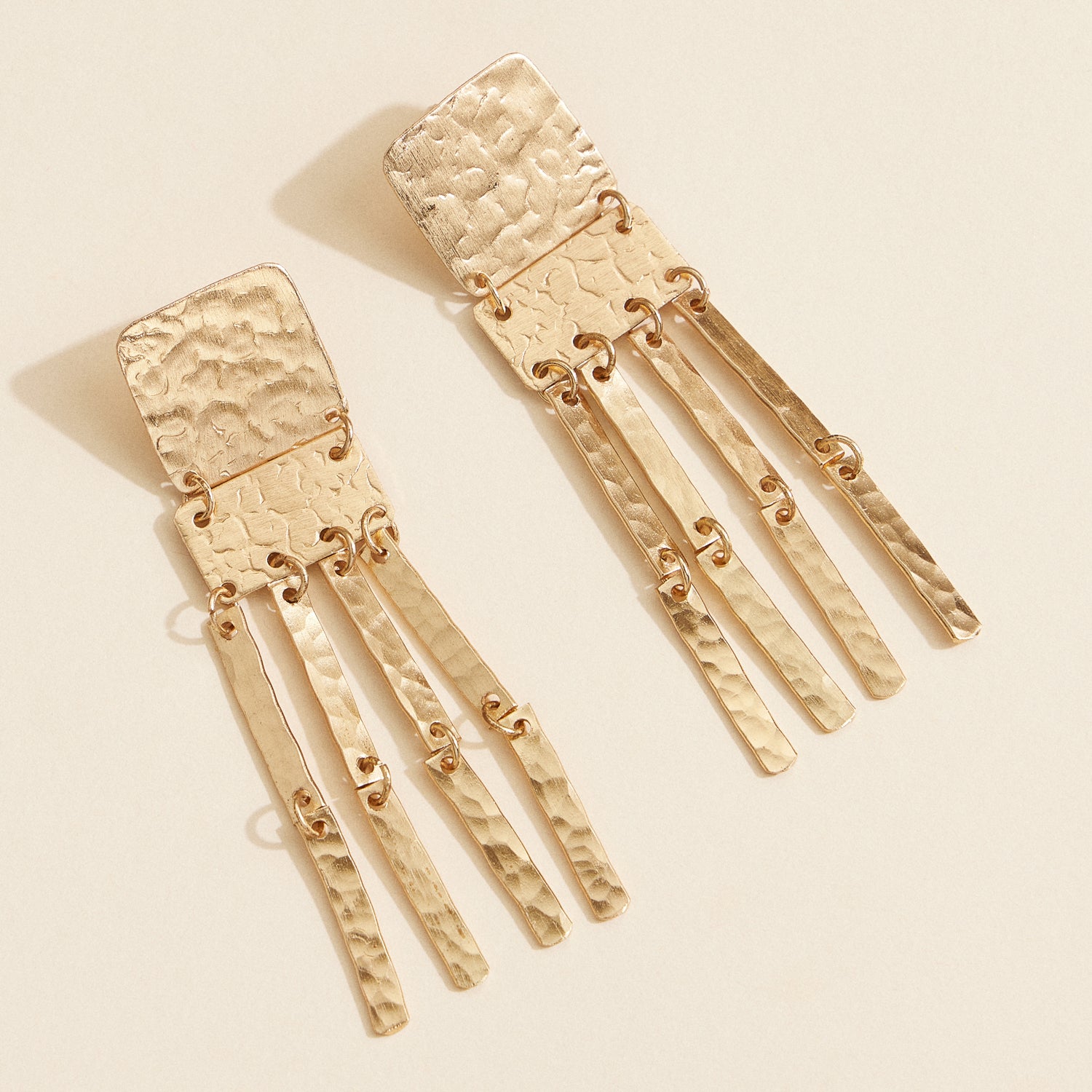 Gold-Tone Hammered Fringe Earrings – Sculptural Dangle Design