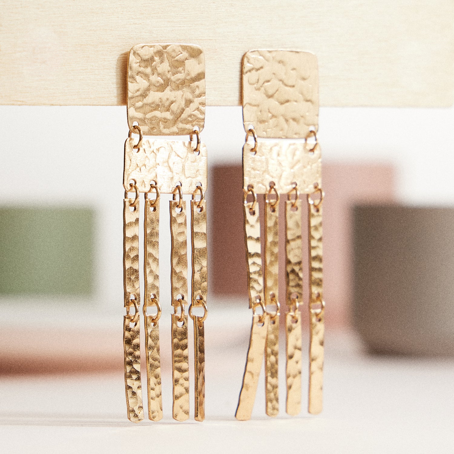 Hammered Brass Fringe Earrings – Gold-Tone Geometric Dangle Earrings