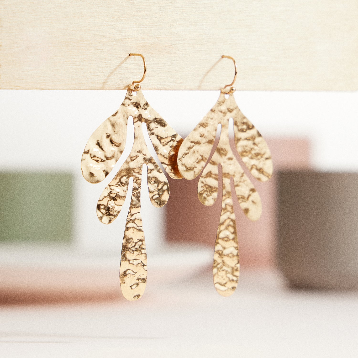 Organic Hammered Brass Earrings – Gold-Tone Botanical Statement Earrings