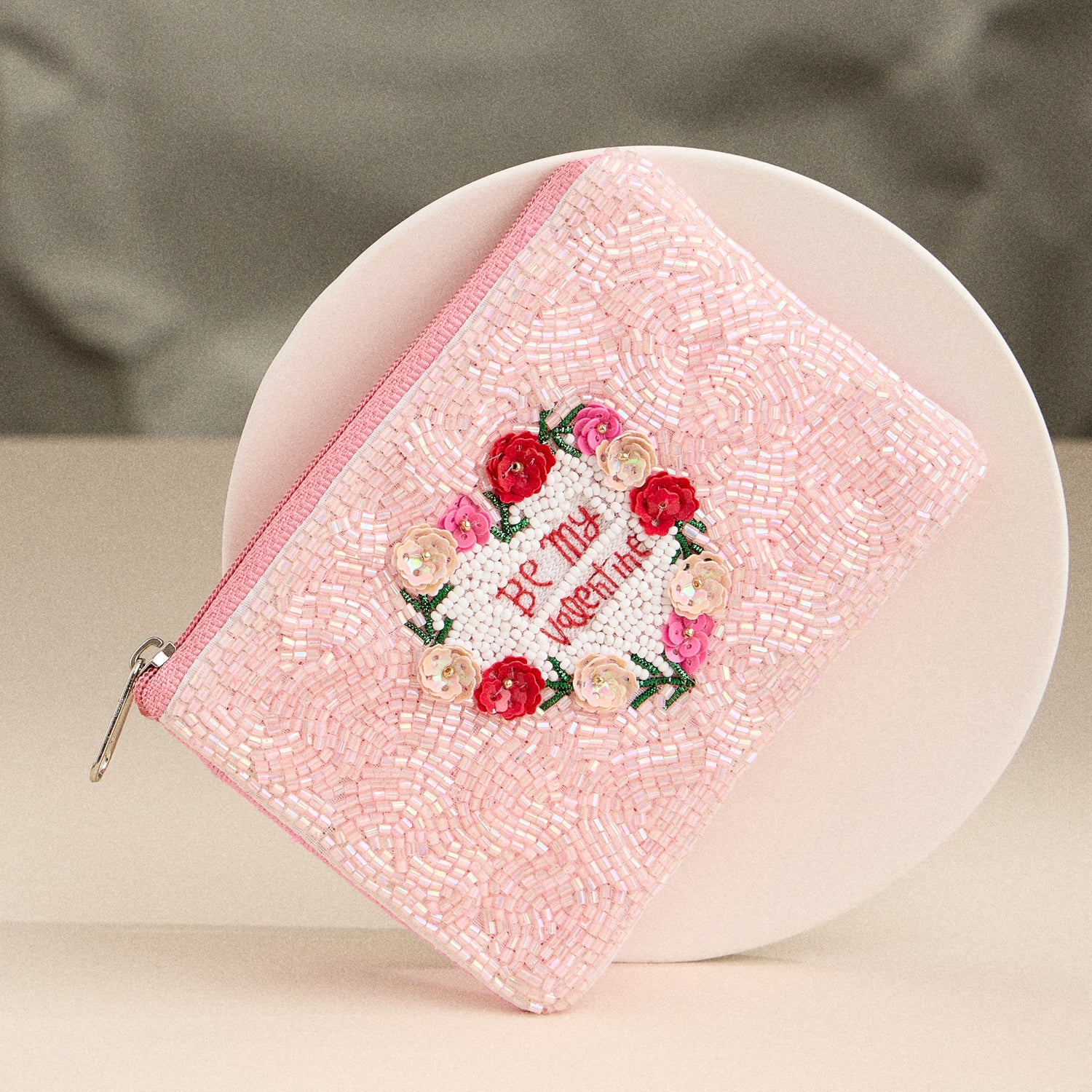 Beaded "Be My Valentine" Zip Pouch – Romantic Pink Floral Clutch