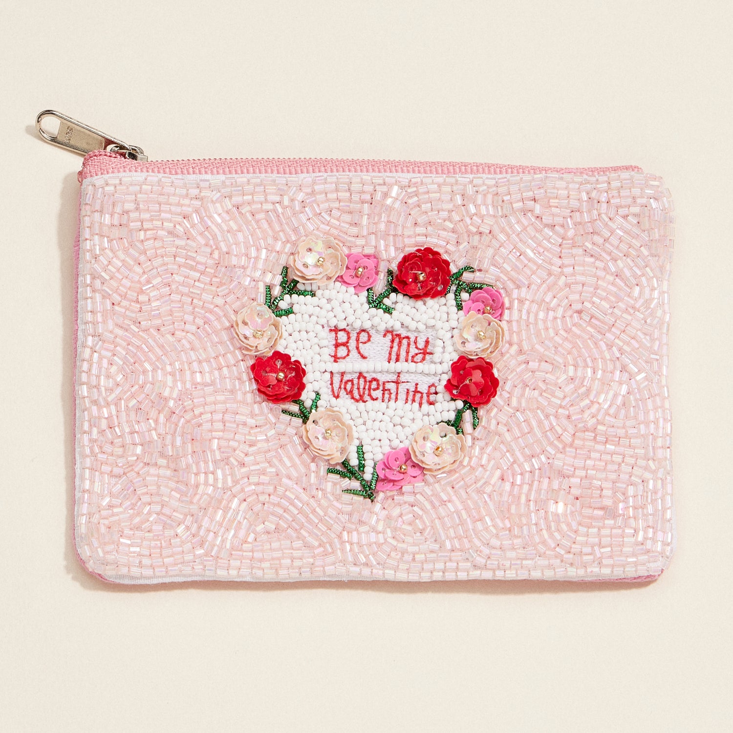 Beaded "Be My Valentine" Zip Pouch – Romantic Pink Floral Clutch