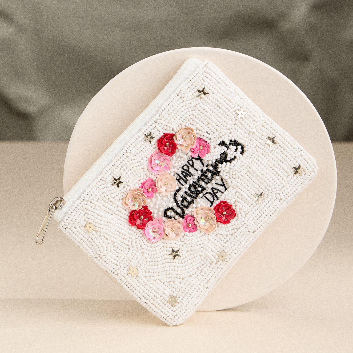 Beaded "Happy Valentine’s Day" Zip Pouch – Romantic Floral Clutch