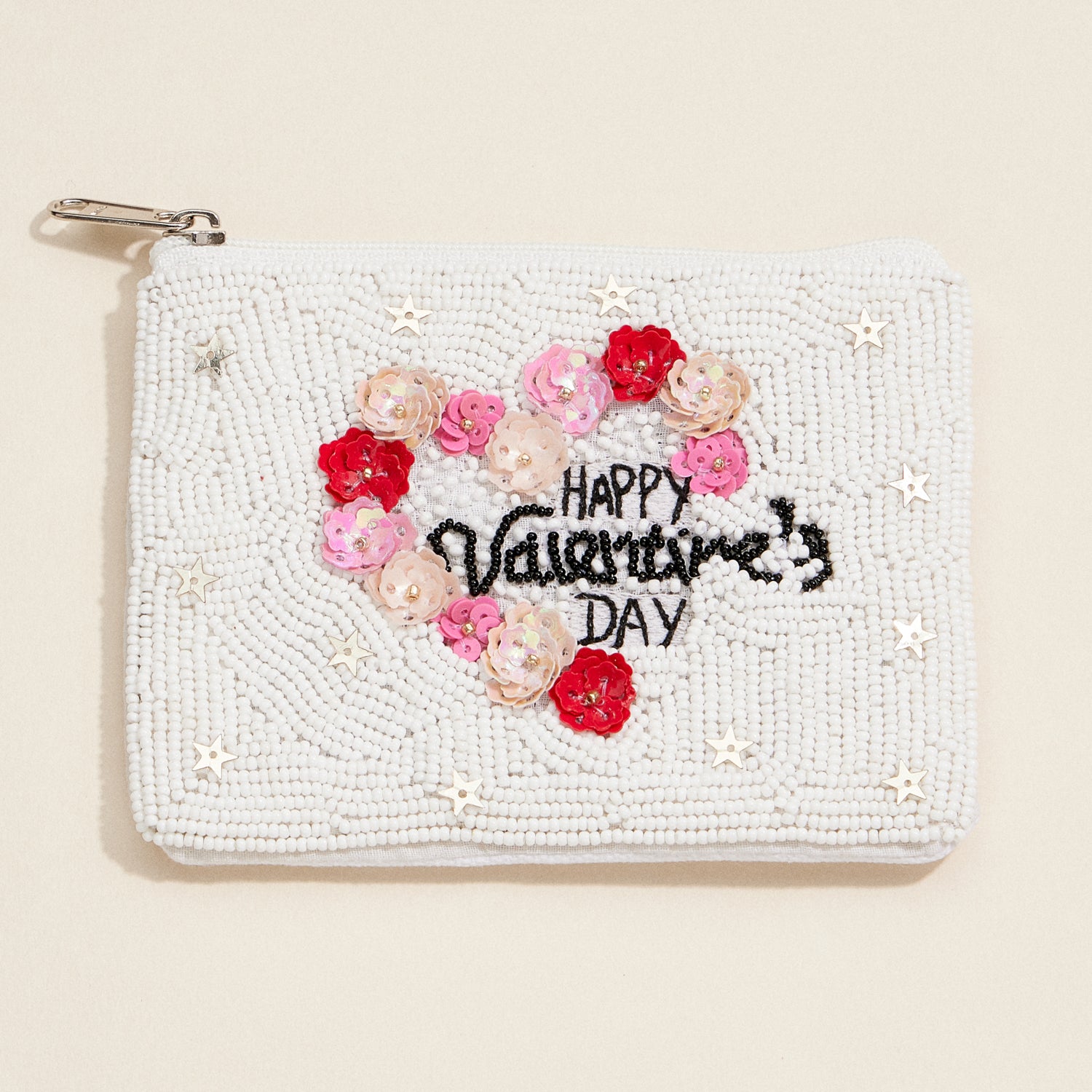 Beaded "Happy Valentine’s Day" Zip Pouch – Romantic Floral Clutch