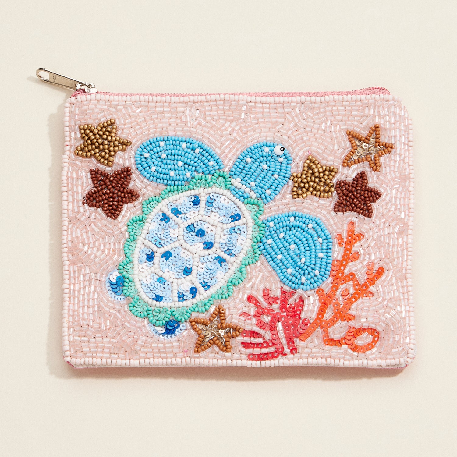 Coastal Sea Turtle Beaded Pouch – Ocean Zip Coin Purse with Coral Motif