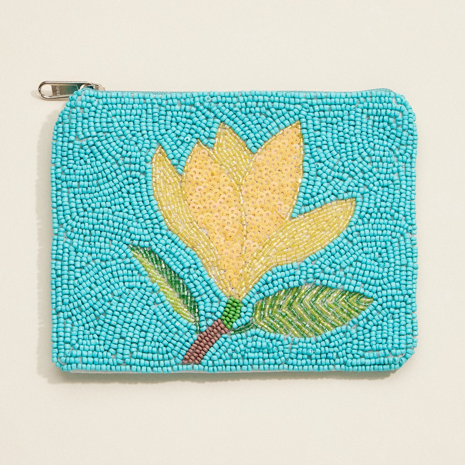 Beaded Turquoise Floral Pouch – Yellow Blossom Coin Purse for Travel and Daily Use - Frem