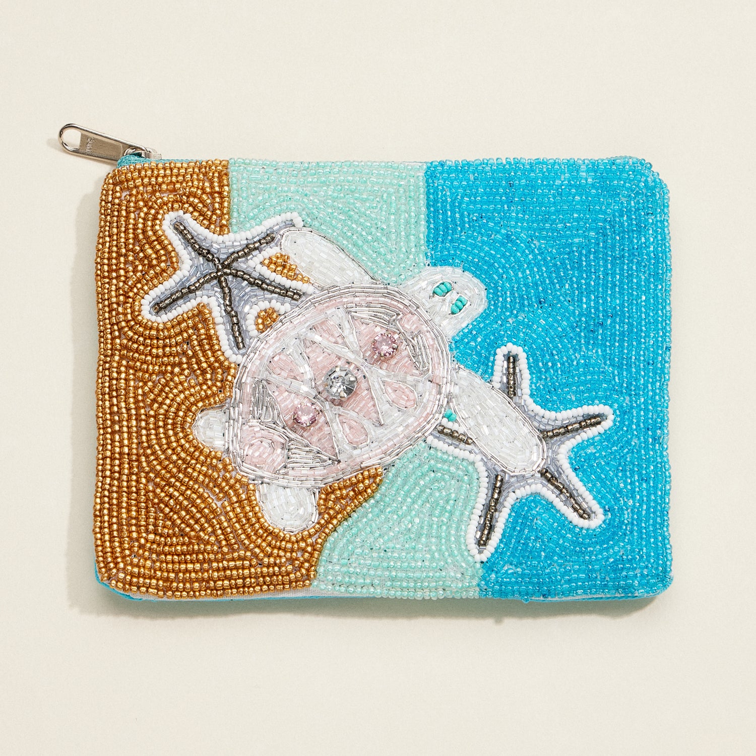 Beaded Sea Turtle Coin Pouch – Coastal Zip Purse with Starfish Design - Frem