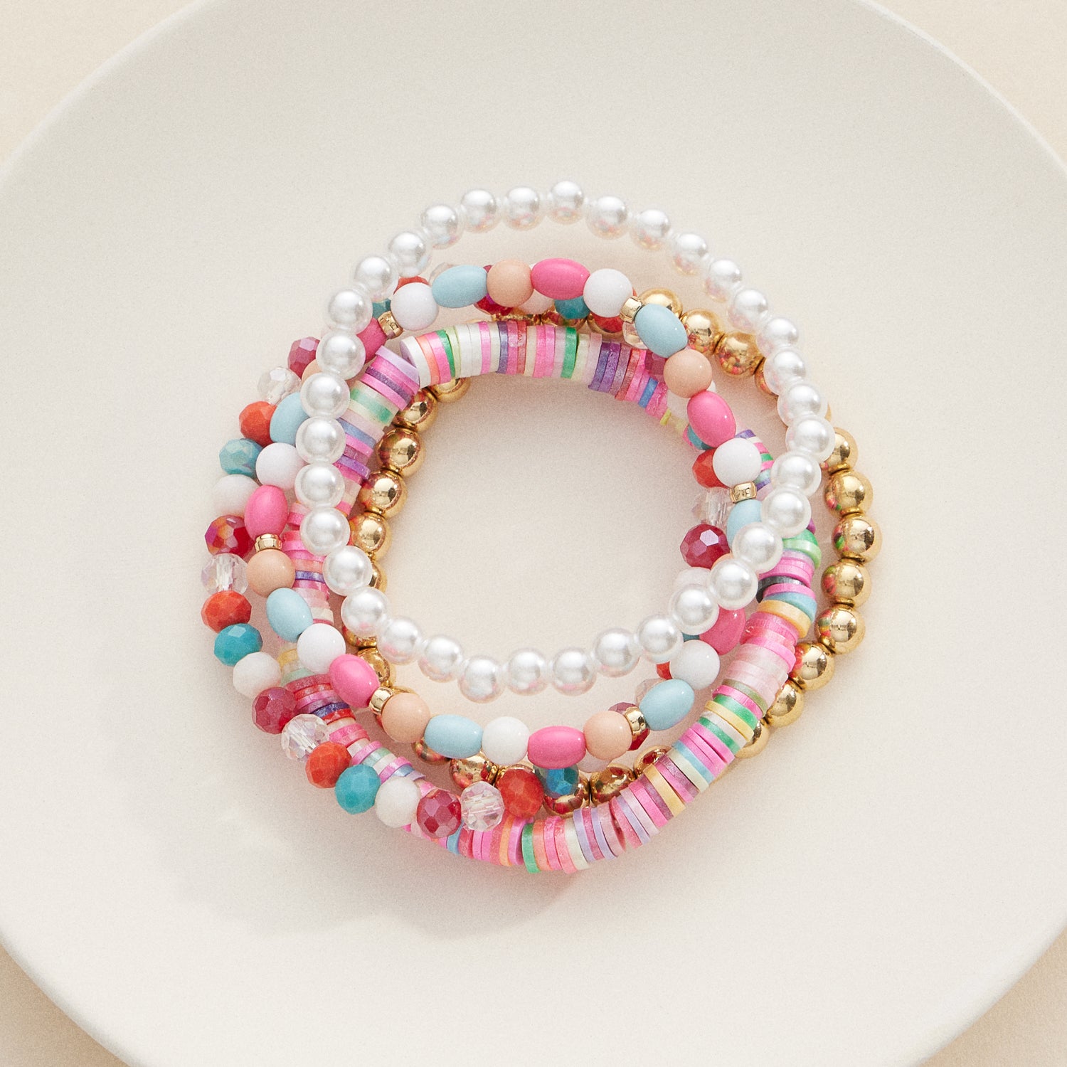 Multicolor Beaded Bracelet Sets with Gold and Pearl Details