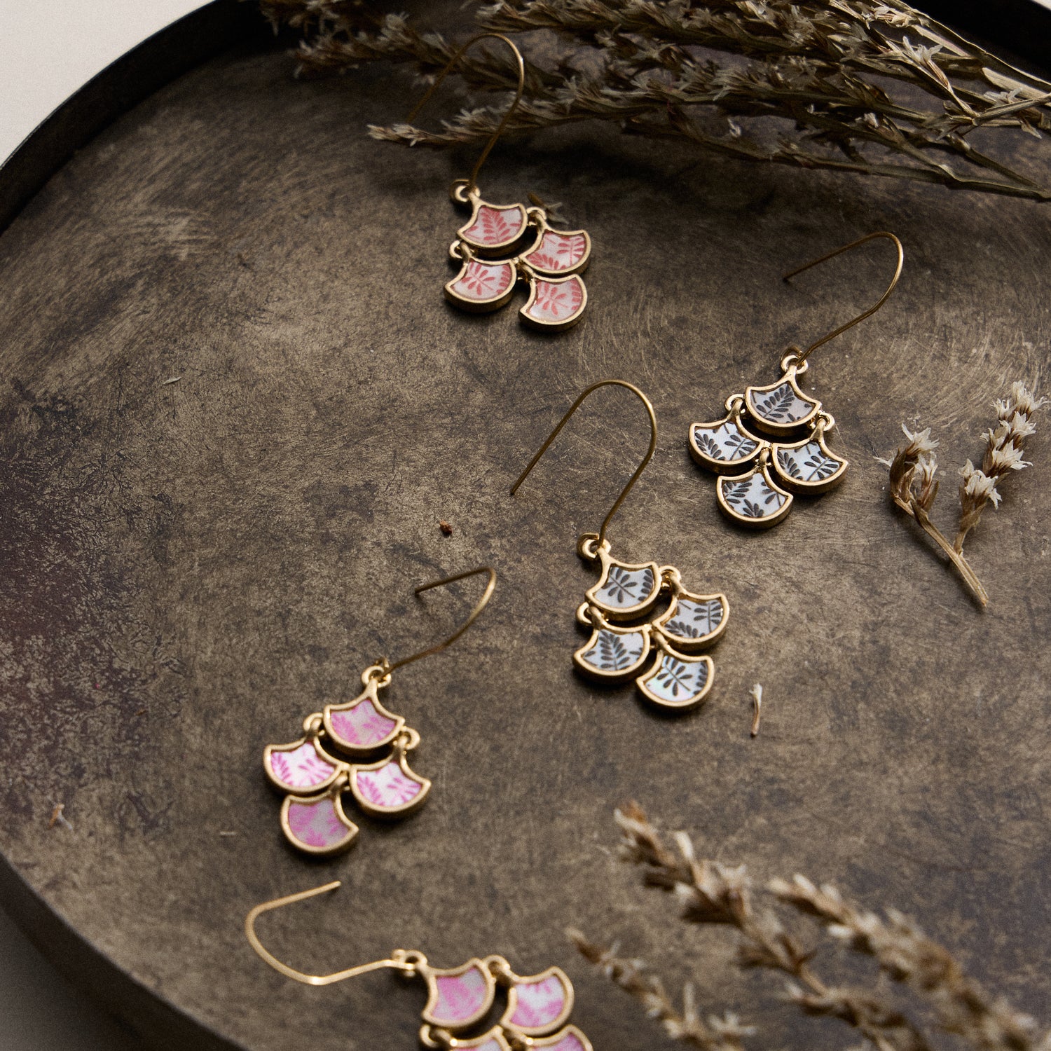 Gold Drop Earrings with Blue Mother of Pearl and Floral Inlay