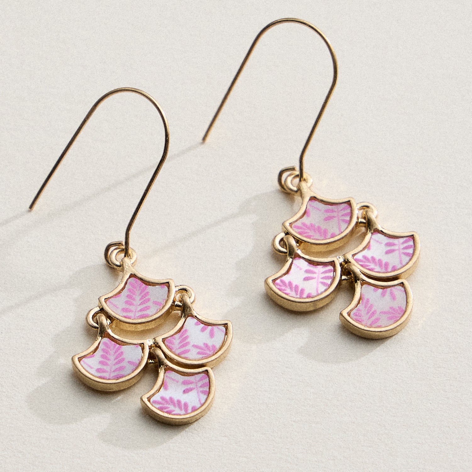 Gold Drop Earrings with Blue Mother of Pearl and Floral Inlay