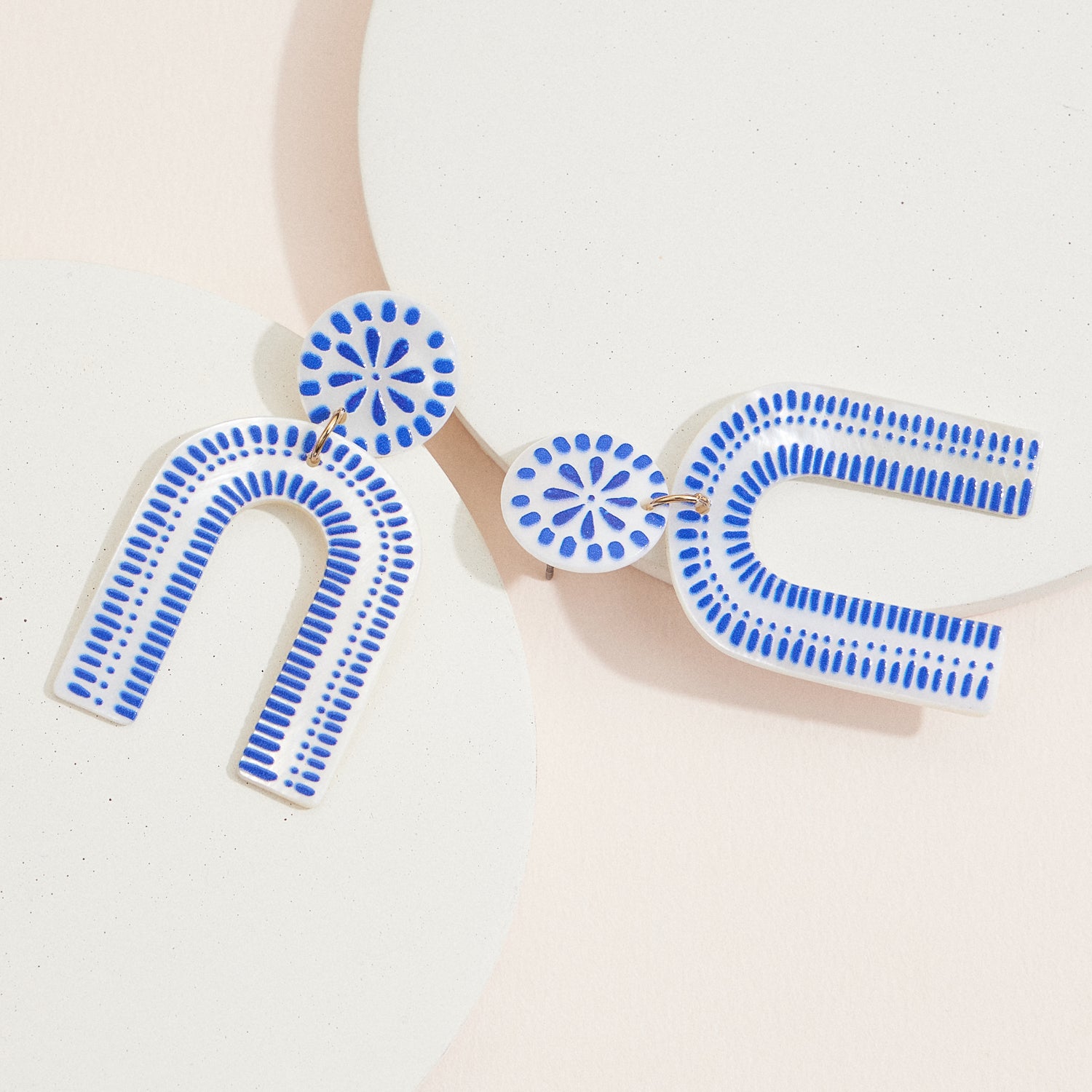 Blue & White Mother of Pearl Arch Drop Earrings – Boho Geometric Style