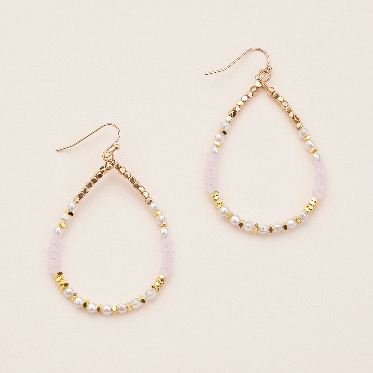 Elegant Teardrop Beaded Earrings – Rose Quartz, Pearl, and Gold Accent Jewelry