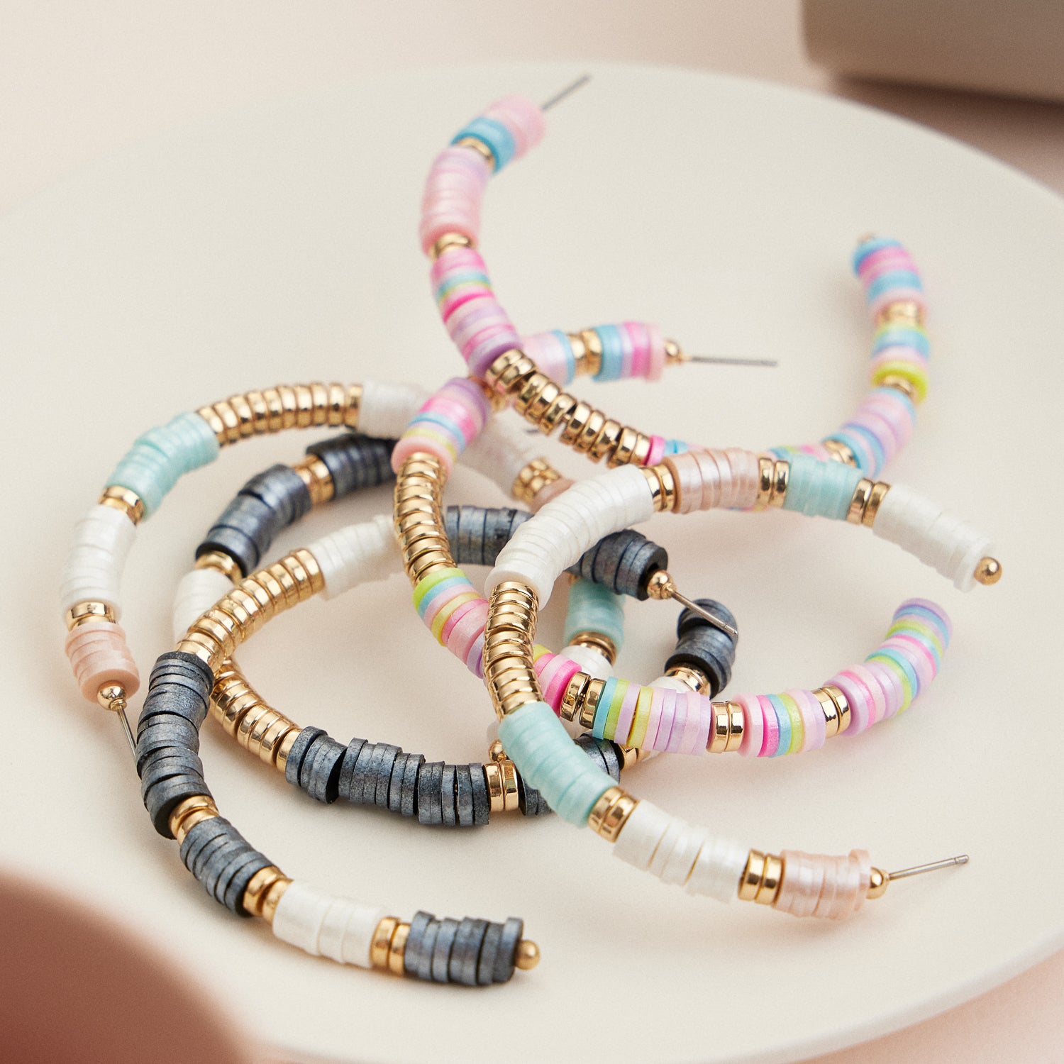 Multicolor Heishi Hoop Earrings with Gold Detailing