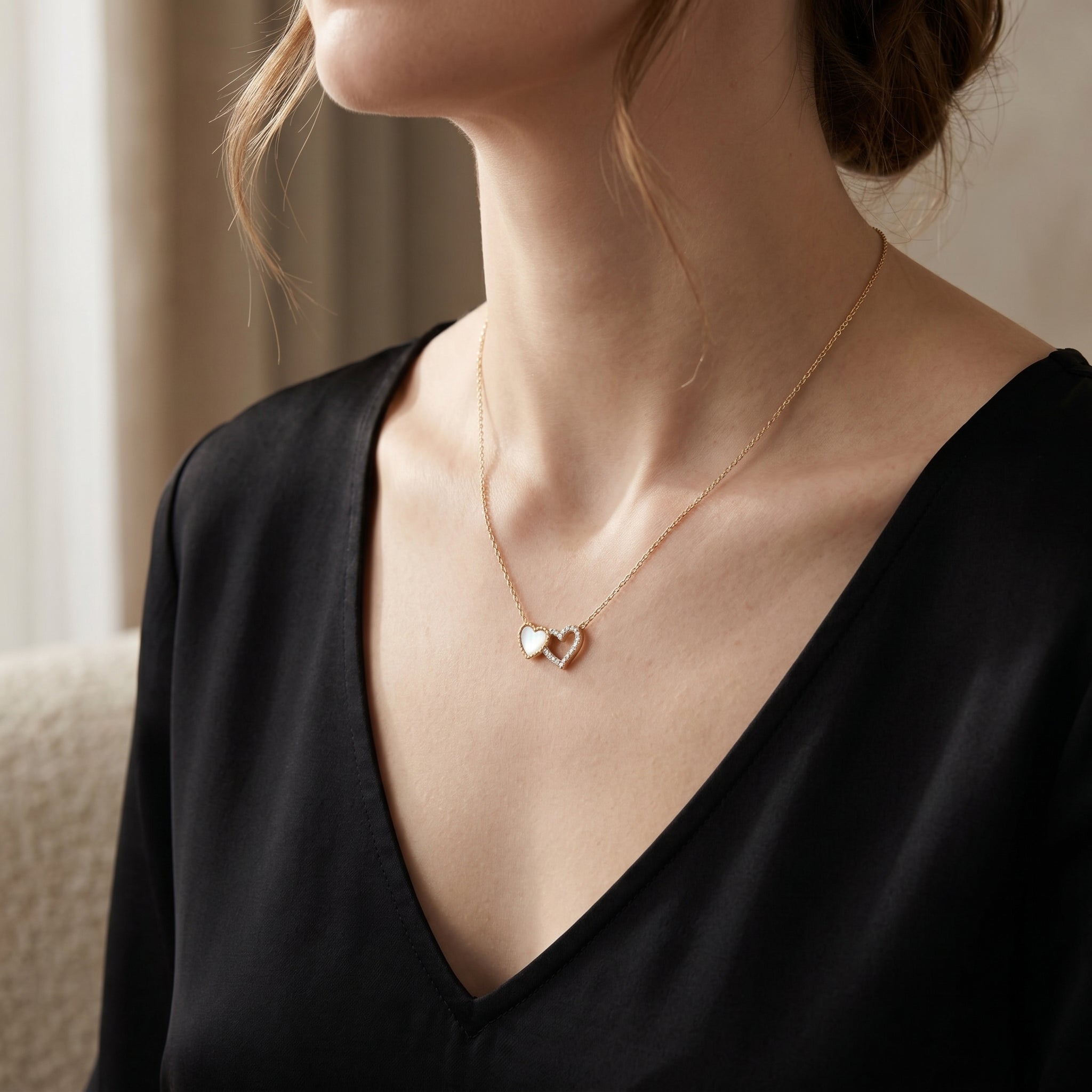 Gold Double Heart Crystal Necklace | Dainty Charm