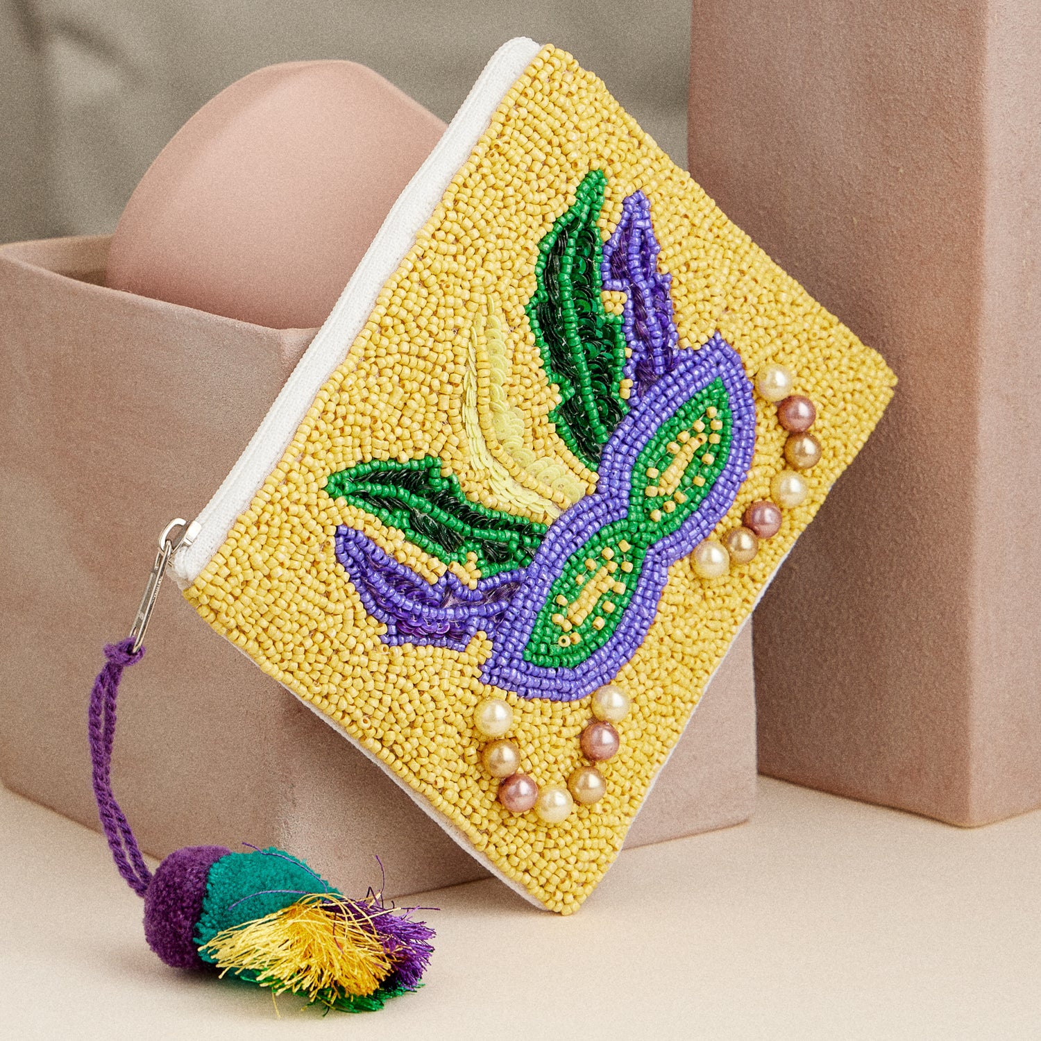 Mardi Gras Zip Pouch – Festive Masquerade Clutch with Tassel