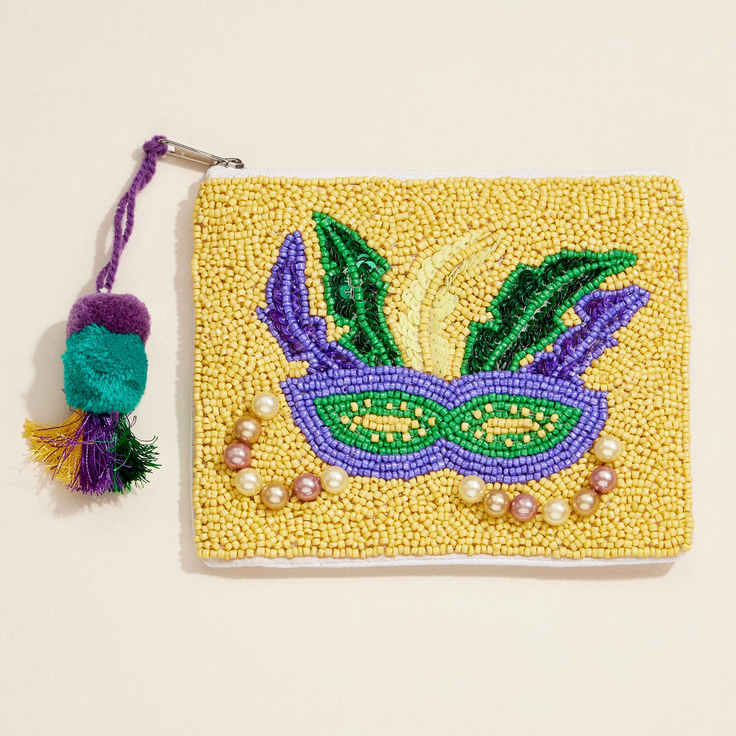 Mardi Gras Zip Pouch – Festive Masquerade Clutch with Tassel