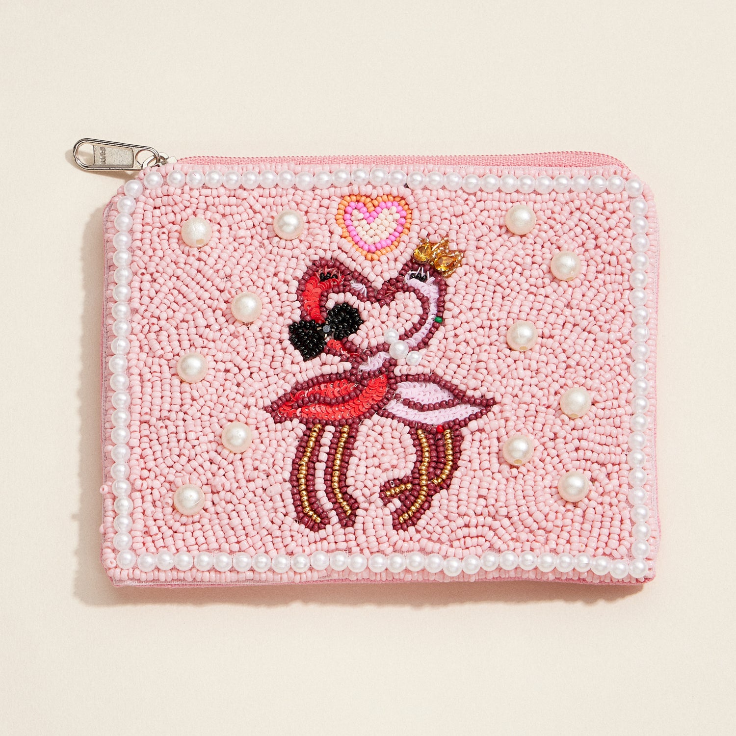 Pink Flamingo Beaded Clutch – Pearl-Accented Glam Zip Pouch