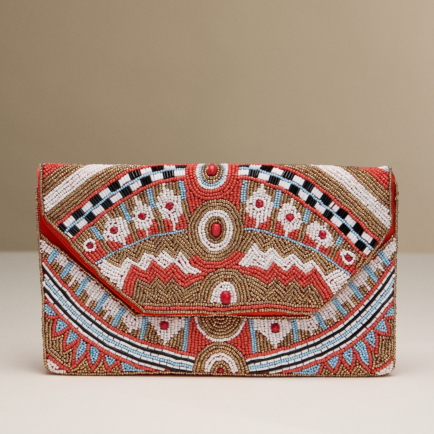 Geometric Beaded Boho Clutch – Colorful Design with Gold Chain