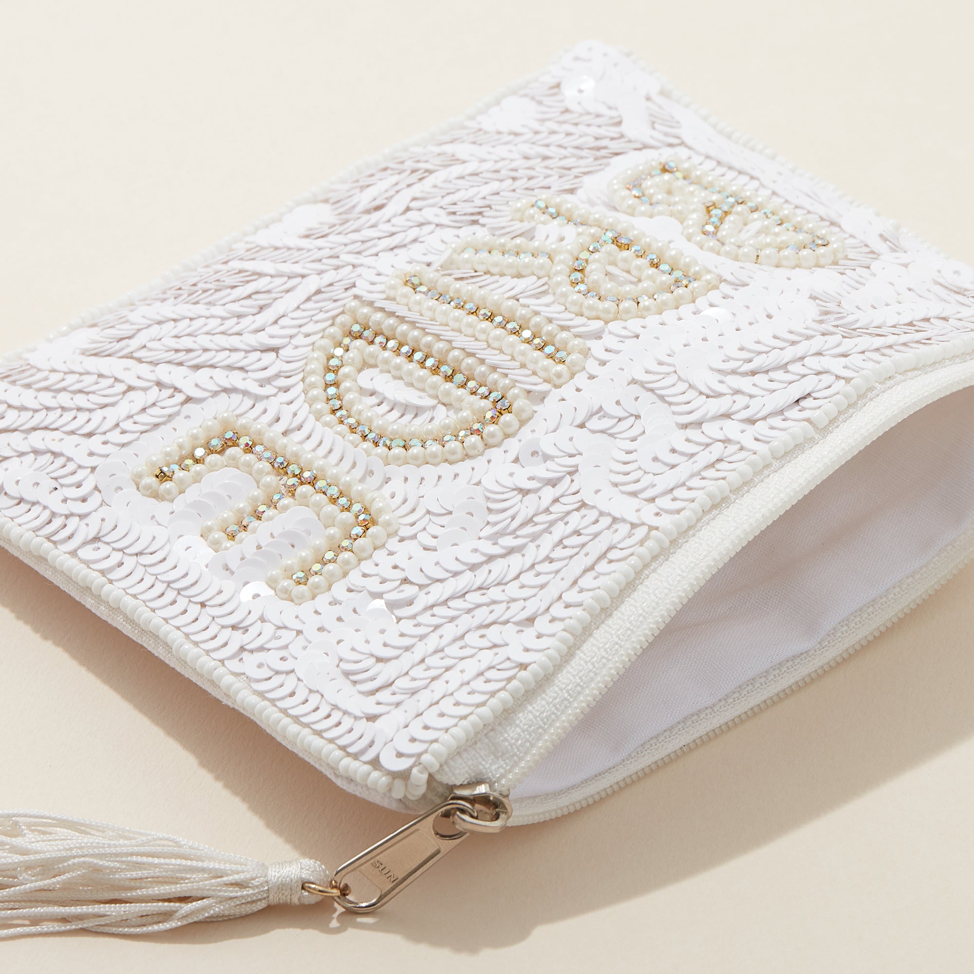 BRIDE AB Stone Seed Bead Canvas Pouch with a Tassel