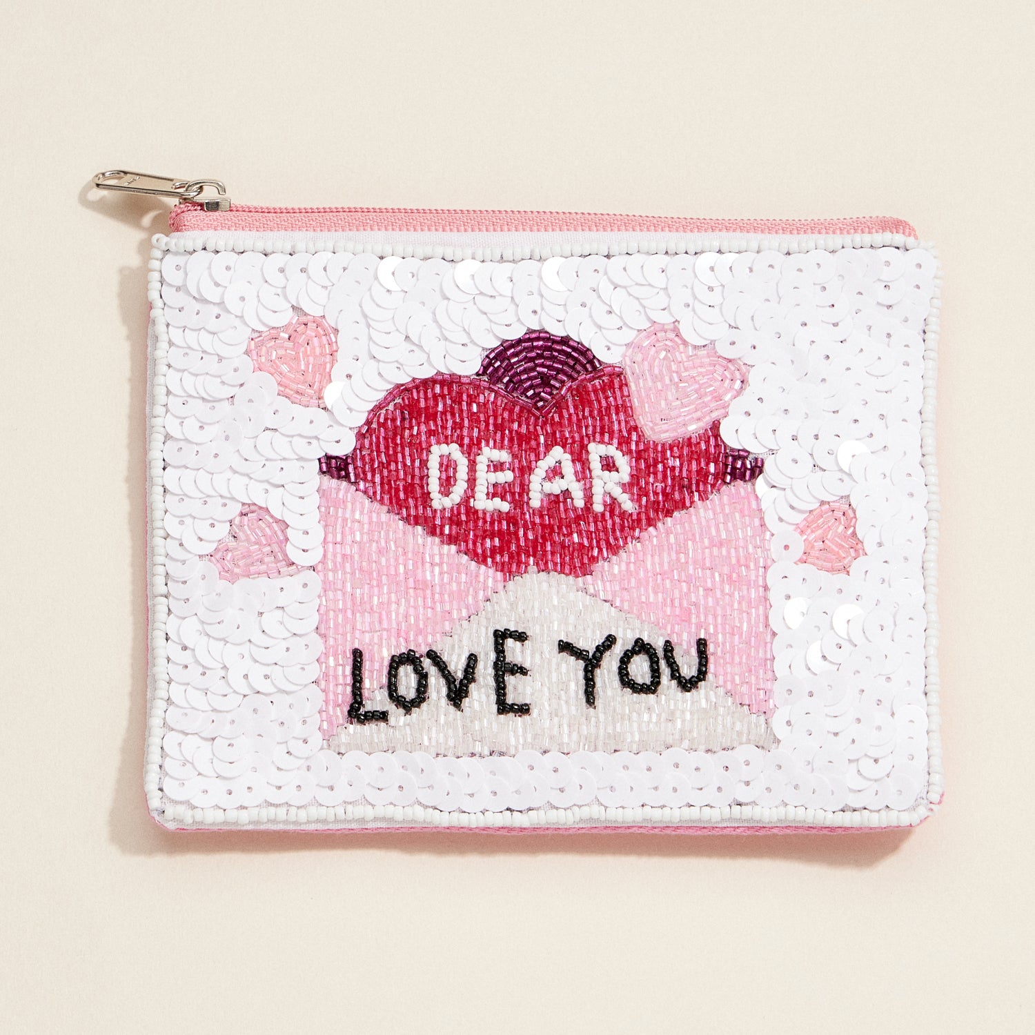 Embroidered Heartfelt Zip Pouch | Elegant Beaded Clutch for Meaningful Moments