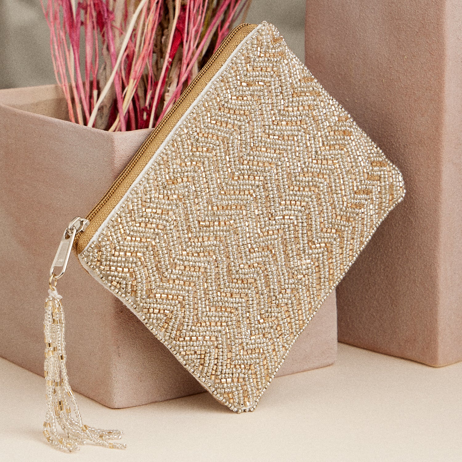 Gold Beaded Evening Coin Pouch – Elegant Chevron Tassel Zip Pouch