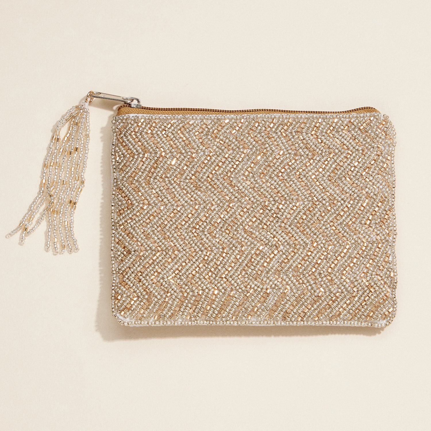 Gold Beaded Evening Coin Pouch – Elegant Chevron Tassel Zip Pouch
