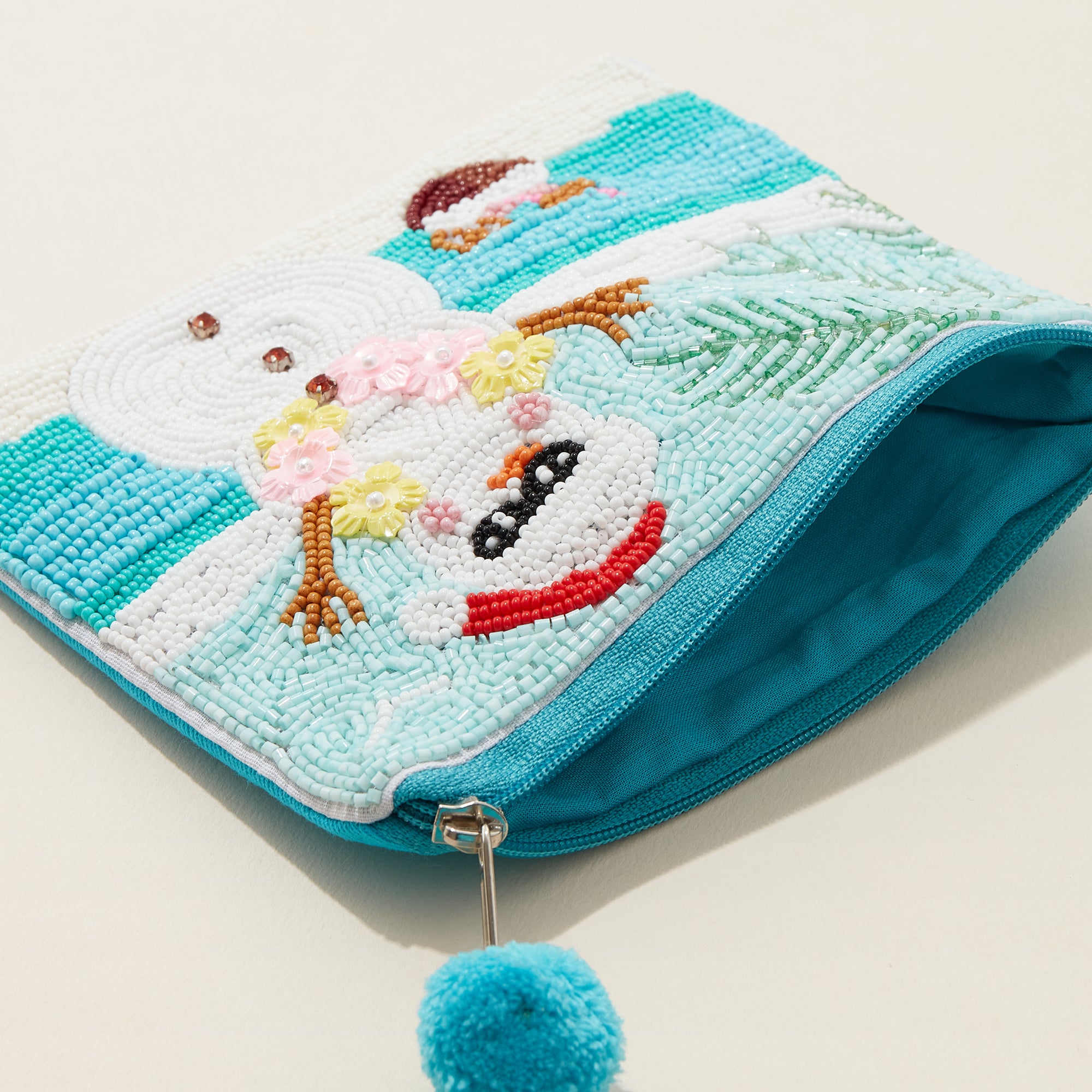 Snowman on the Beach Seed Bead Canvas Pouch with a Pom